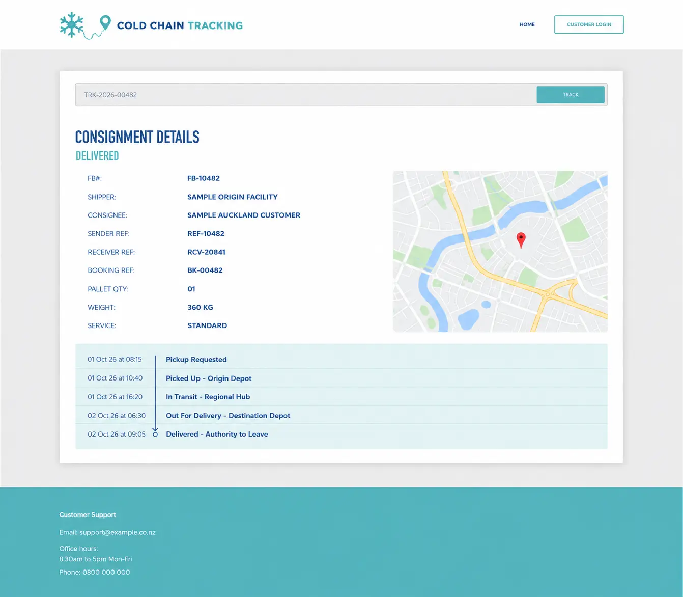 Anonymised cold-chain consignment tracking portal showing shipment details and delivery milestones