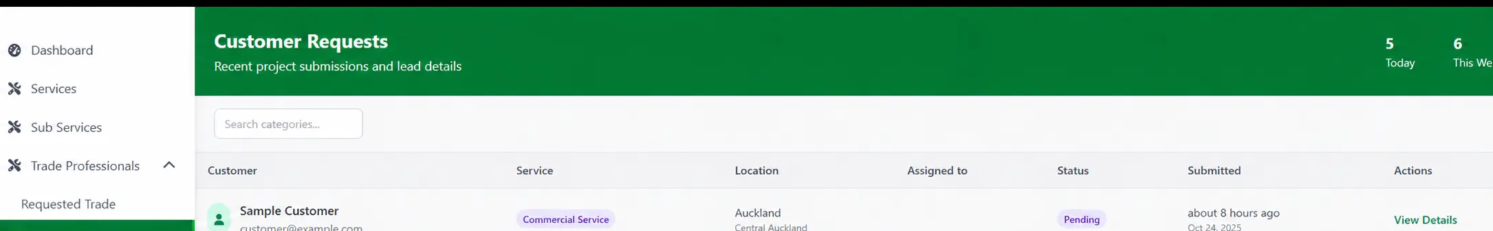 Customer request dashboard showing service, location, assignment and status