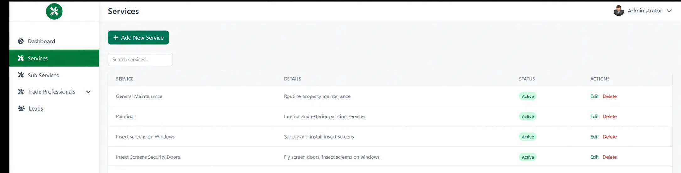 Service administration screen for configuring property-service offerings