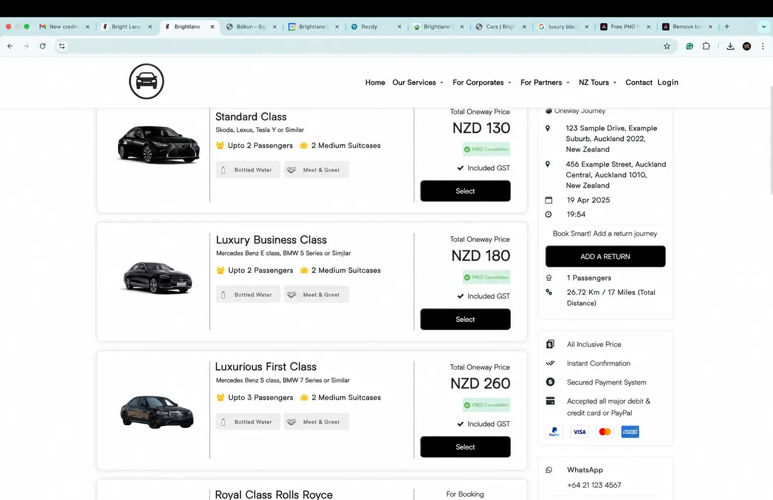 Anonymised passenger transport vehicle selection and pricing screen