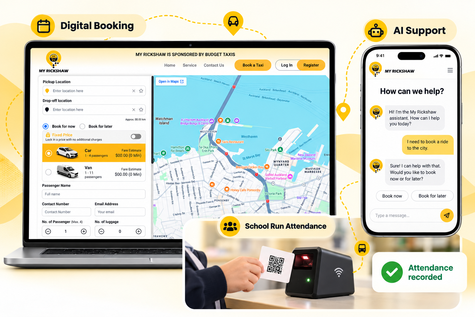 Rickshaw digital booking, school-run attendance scanning and AI chatbot workflows