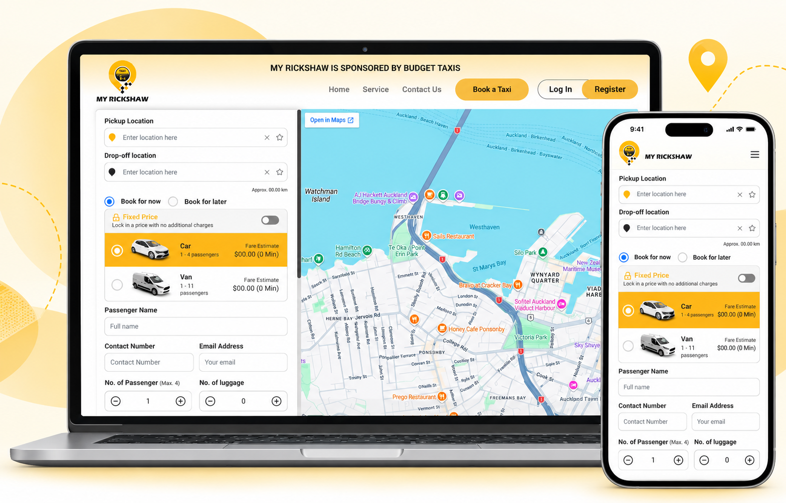 Rickshaw responsive taxi booking form shown on desktop and mobile