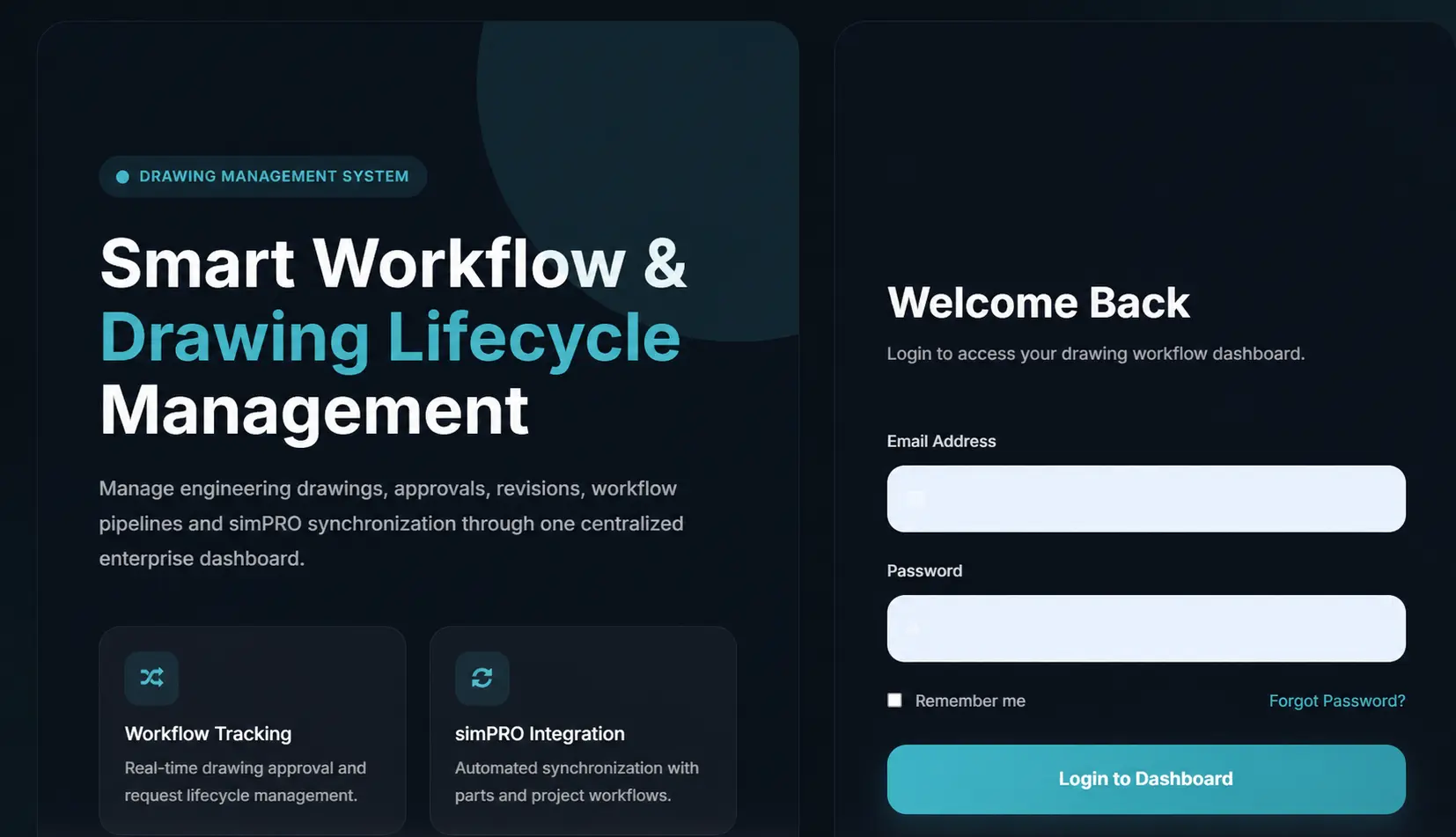Exeloo drawing-management system login interface highlighting workflow tracking and simPRO integration