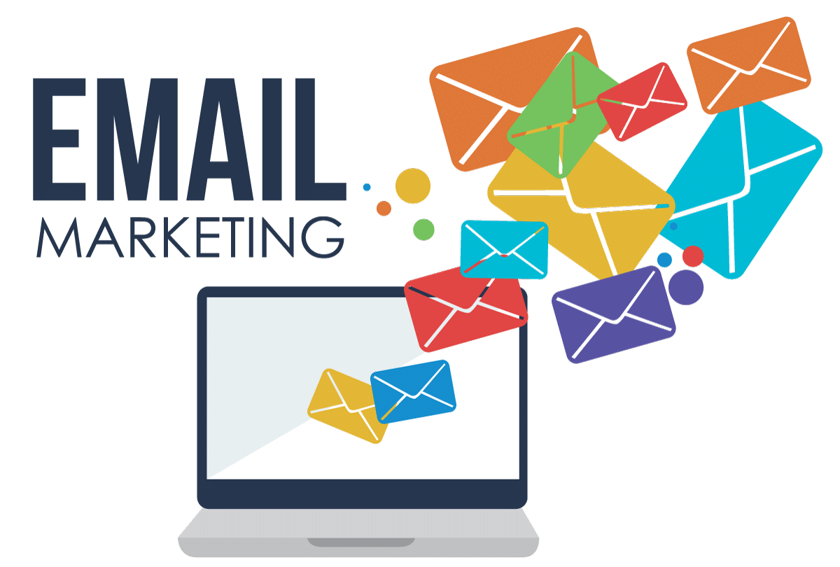 Illustration showing email marketing concepts like newsletters and automation