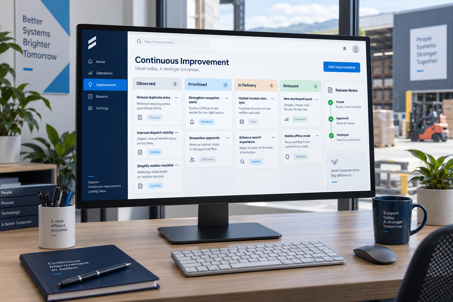 Continuous improvement workspace showing observed problems, prioritised work, delivery and controlled releases